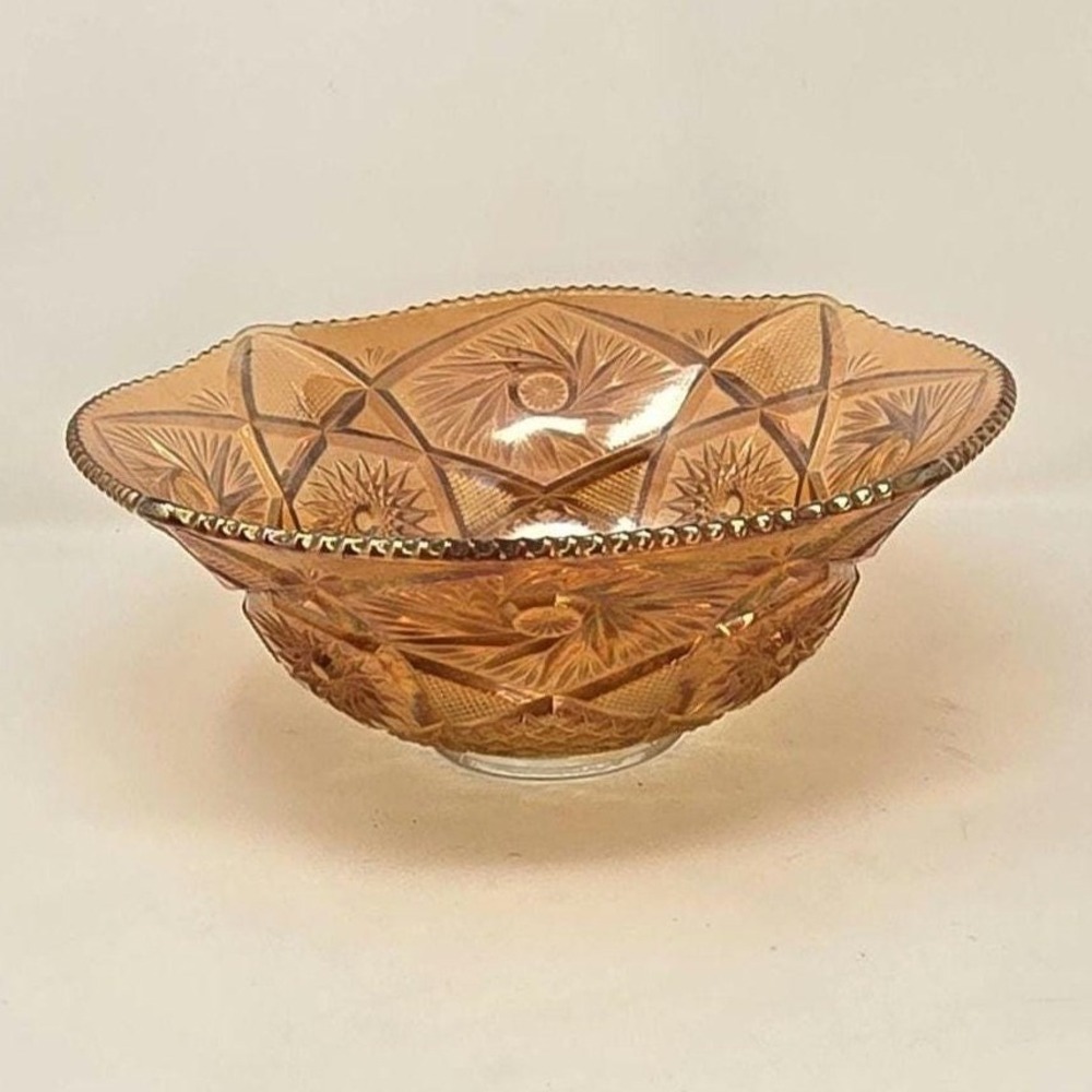Vtg Imperial carnival glass bowl pinwheel star saw tooth rim marigold luster